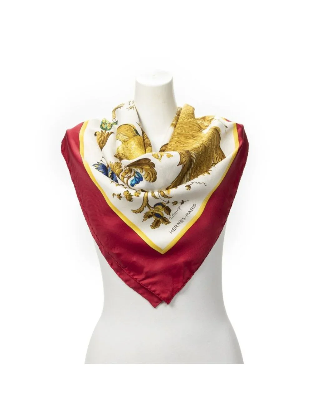 Hermes Scarf Red Yellow Ivory 100% Twill Silk